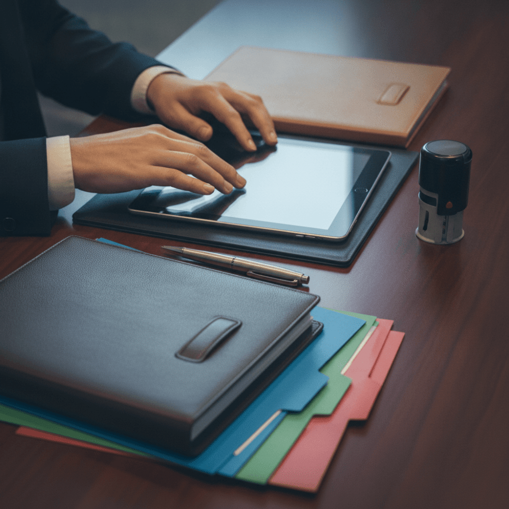 Traitement de documents et facturation sur tablette dans bureau PME illustrant la digitalisation des processus administratifs